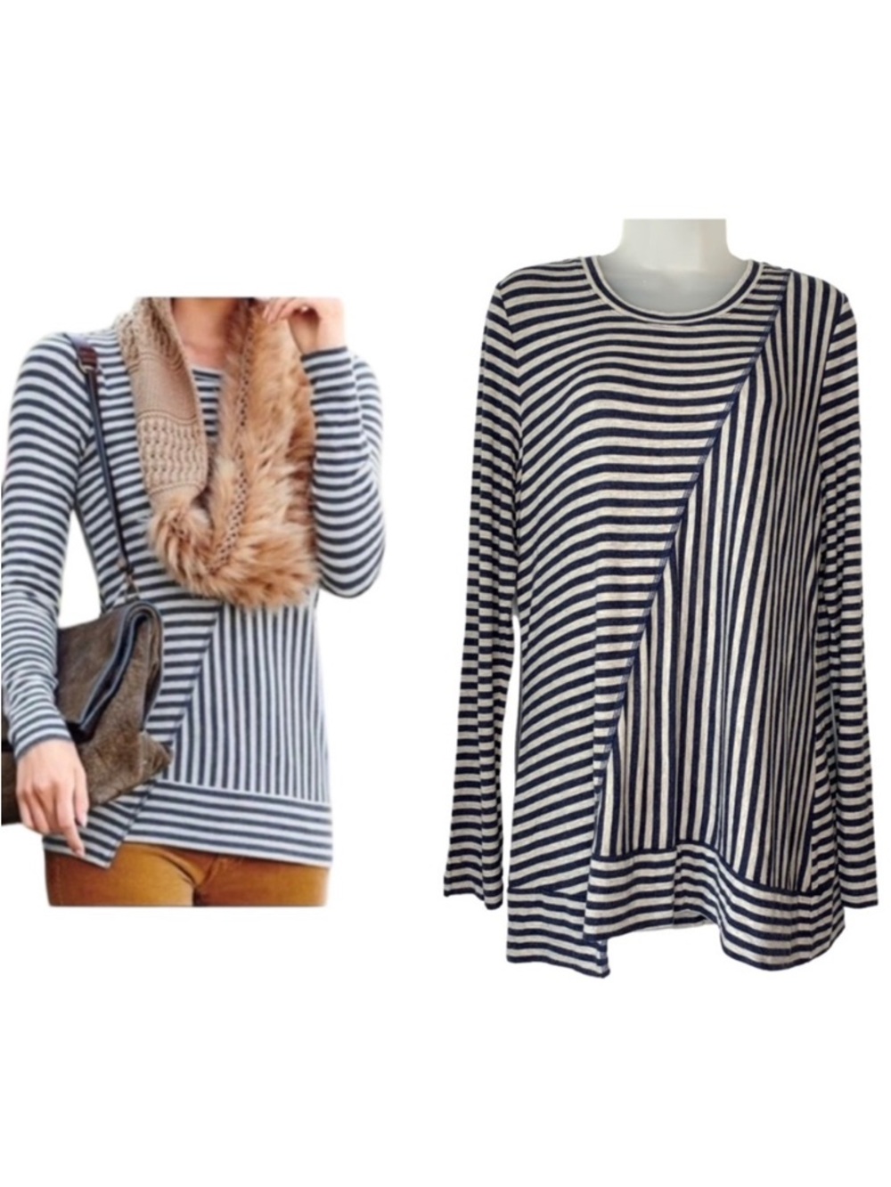 CAbi Sz M Ernest 3228 Oatmeal Blue Striped Asymmetrical Hem Long Sleeve Tee Top